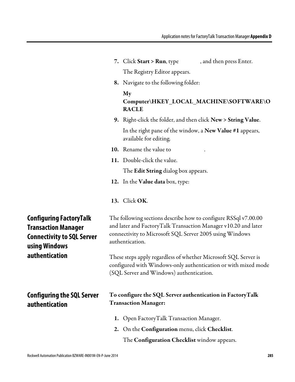 Configuring the sql server authentication, Sql server using windows authentication, To sql server using windows authentication | Rockwell Automation RSBizWare Administration Guide User Manual | Page 285 / 312