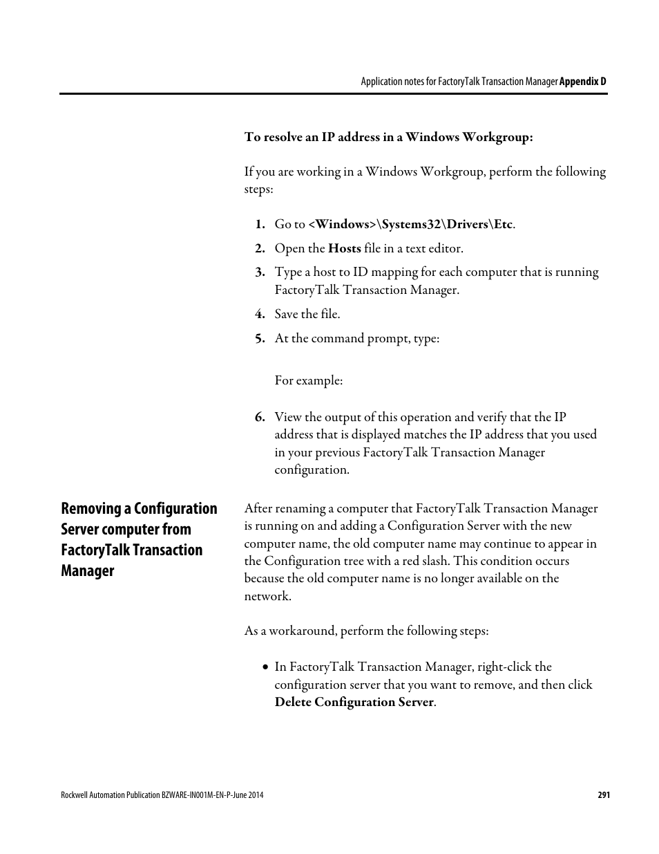 Removing a configuration server computer from, Factorytalk transaction manager | Rockwell Automation RSBizWare Administration Guide User Manual | Page 291 / 312