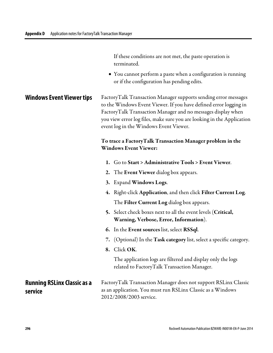 Windows event viewer tips, Running rslinx classic as a service, E 296) | Rockwell Automation RSBizWare Administration Guide User Manual | Page 296 / 312