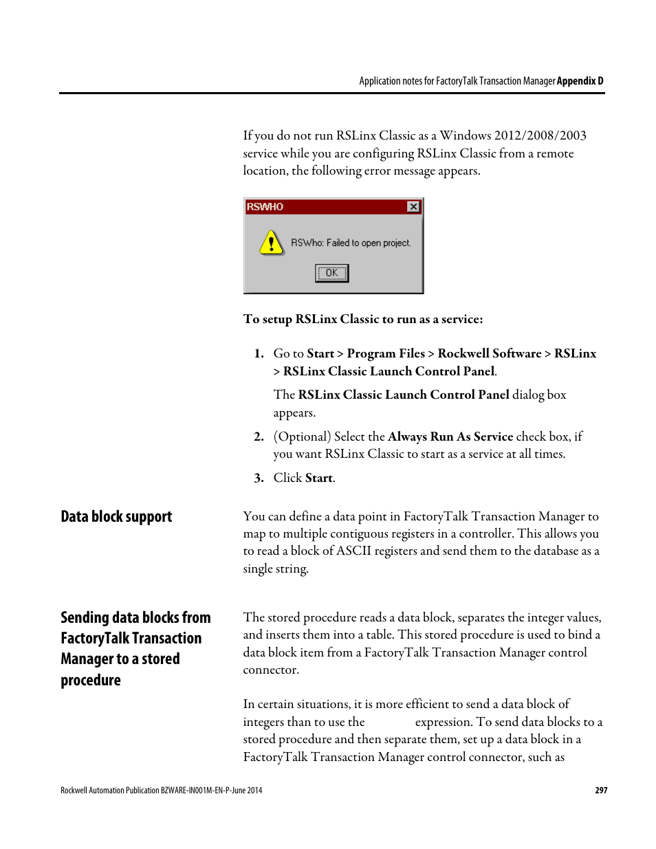 Data block support, E 297) | Rockwell Automation RSBizWare Administration Guide User Manual | Page 297 / 312