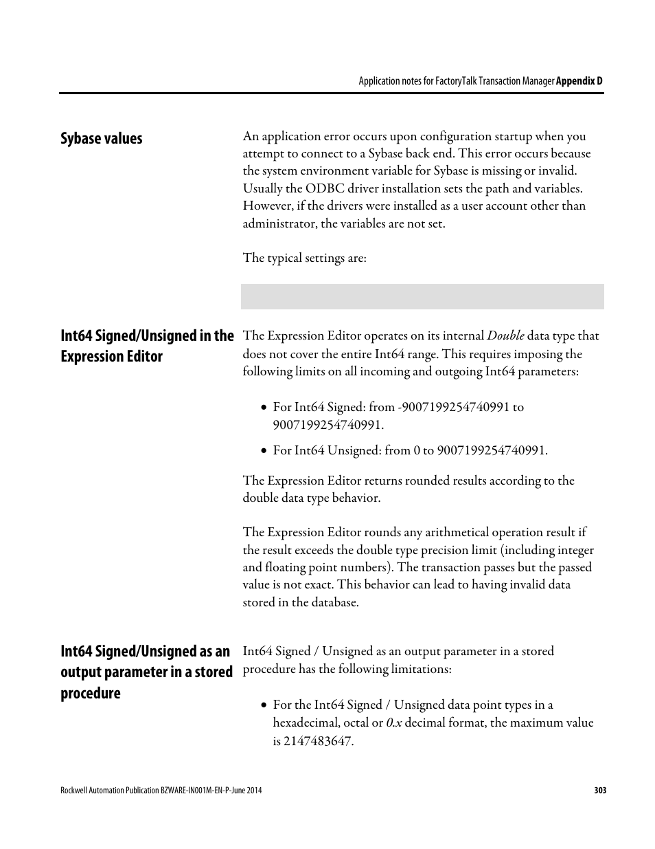 Sybase values, Int64 signed/unsigned in the expression editor, Procedure | Rockwell Automation RSBizWare Administration Guide User Manual | Page 303 / 312