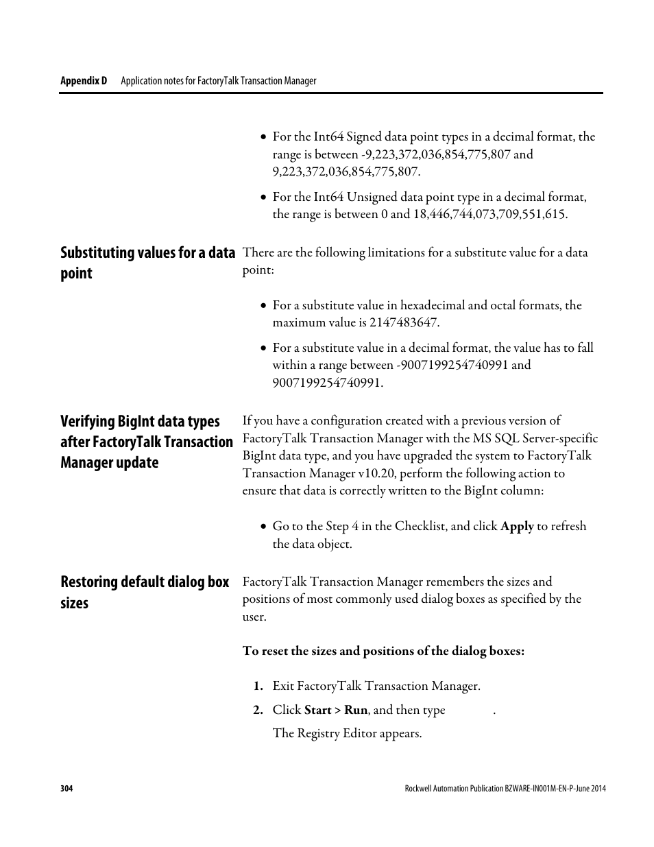 Substituting values for a data point, Restoring default dialog box sizes, Manager update | E 304) | Rockwell Automation RSBizWare Administration Guide User Manual | Page 304 / 312