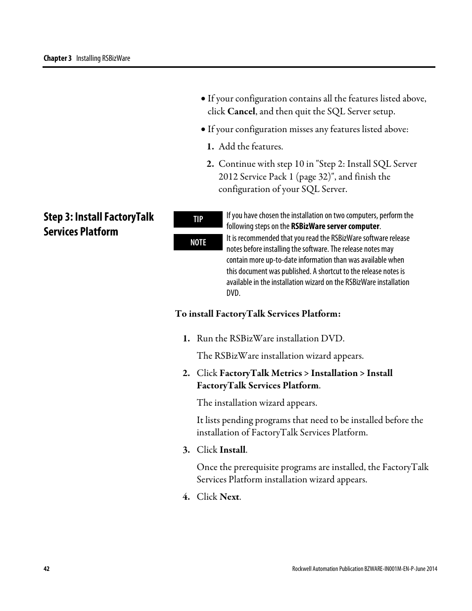 Step 3: install factorytalk services platform, E 42) | Rockwell Automation RSBizWare Administration Guide User Manual | Page 42 / 312