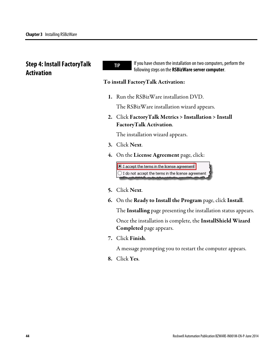 Step 4: install factorytalk activation | Rockwell Automation RSBizWare Administration Guide User Manual | Page 44 / 312