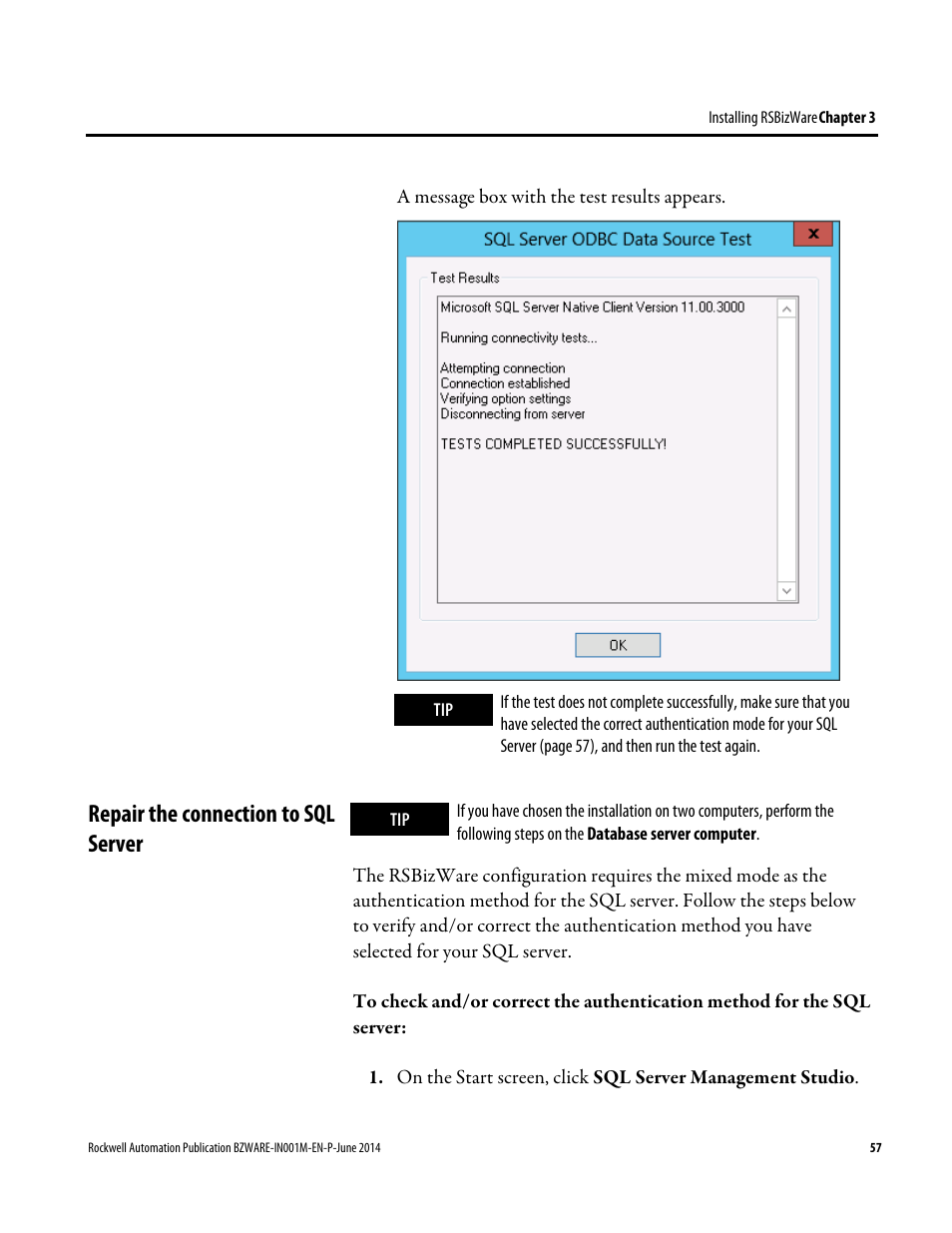 Repair the connection to sql server | Rockwell Automation RSBizWare Administration Guide User Manual | Page 57 / 312