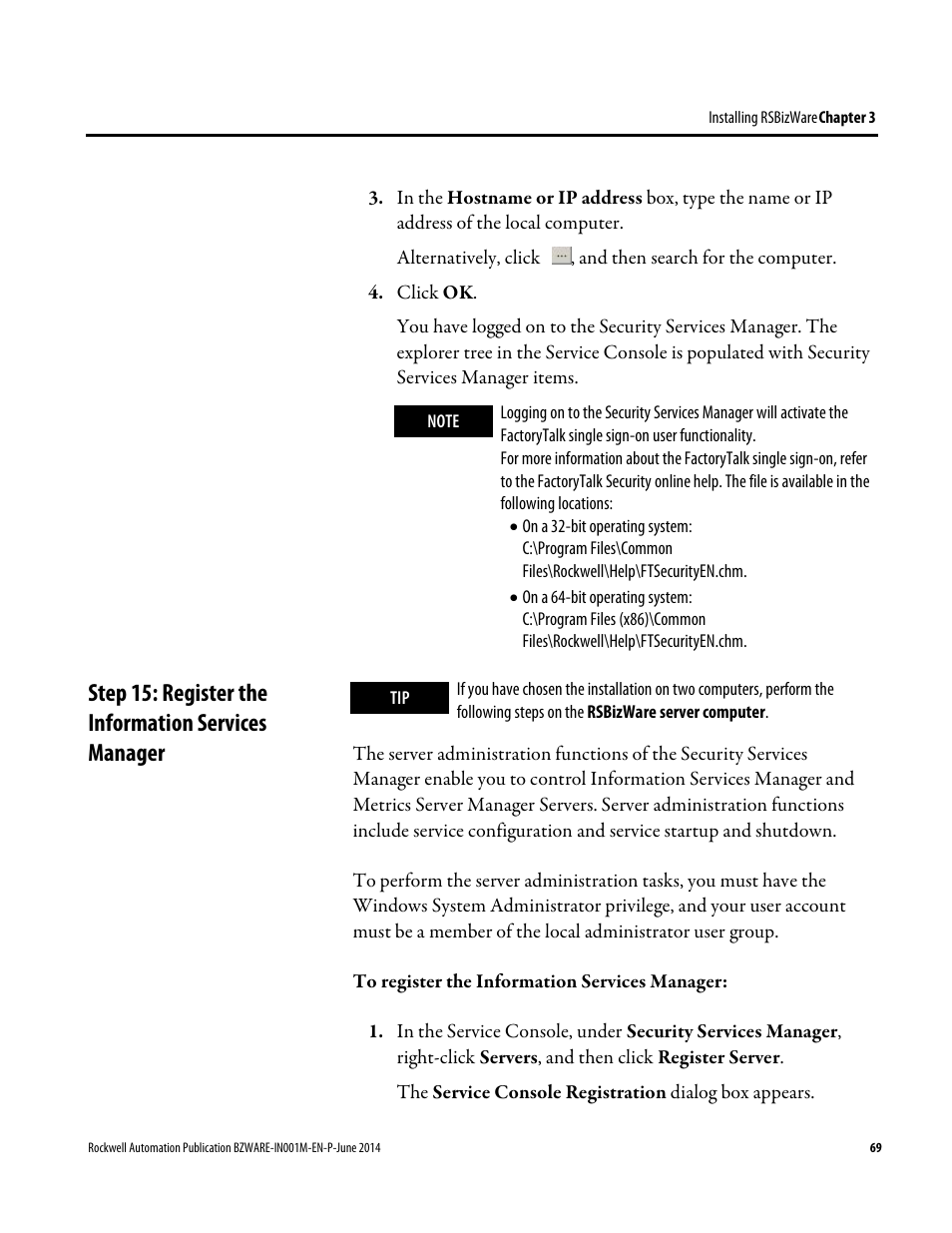 Step 15: register the information services manager | Rockwell Automation RSBizWare Administration Guide User Manual | Page 69 / 312