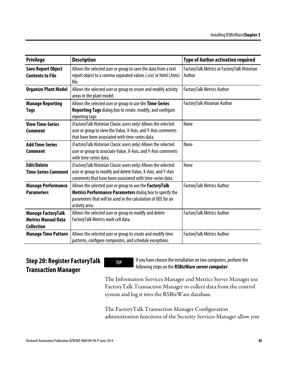 Step 20: register factorytalk transaction manager | Rockwell Automation RSBizWare Administration Guide User Manual | Page 85 / 312