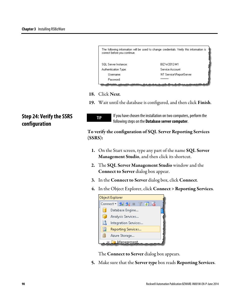 Step 24: verify the ssrs configuration, E 98) | Rockwell Automation RSBizWare Administration Guide User Manual | Page 98 / 312