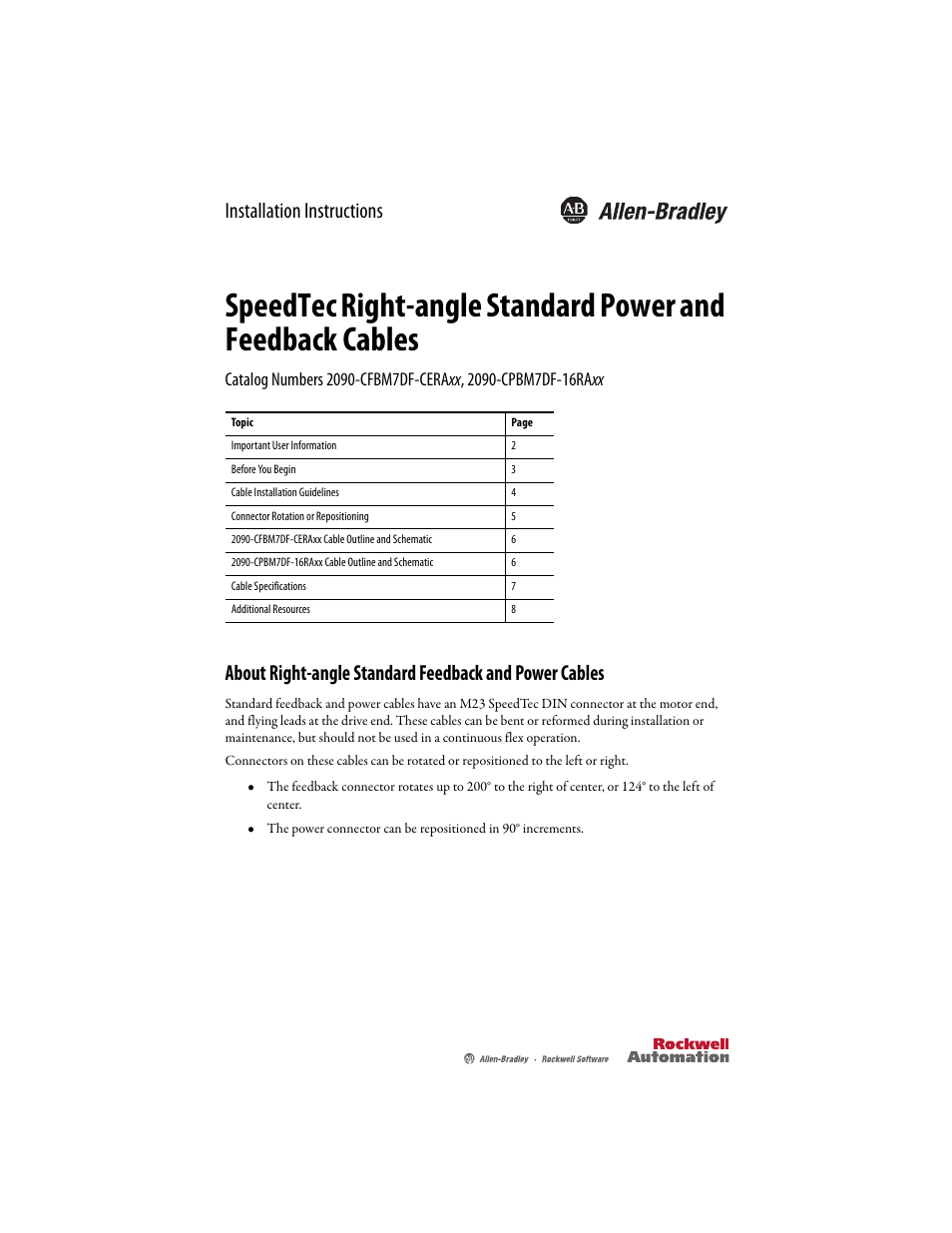 Rockwell Automation 2090-CPBM7DF-16RAxx SpeedTec Right-angle Standard Power and Feedback Cables User Manual | 8 pages