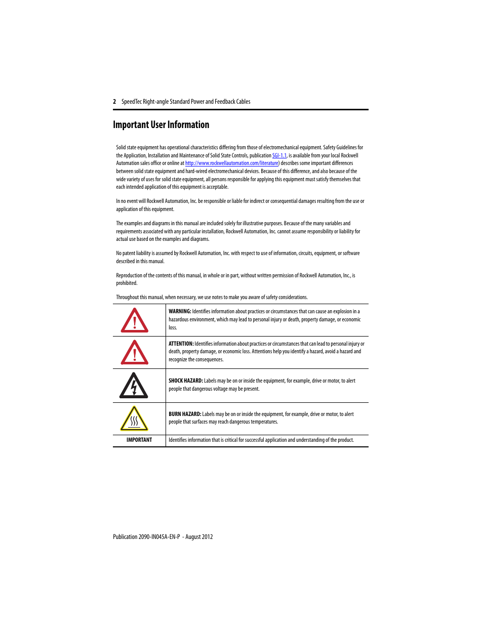 Important user information | Rockwell Automation 2090-CPBM7DF-16RAxx SpeedTec Right-angle Standard Power and Feedback Cables User Manual | Page 2 / 8