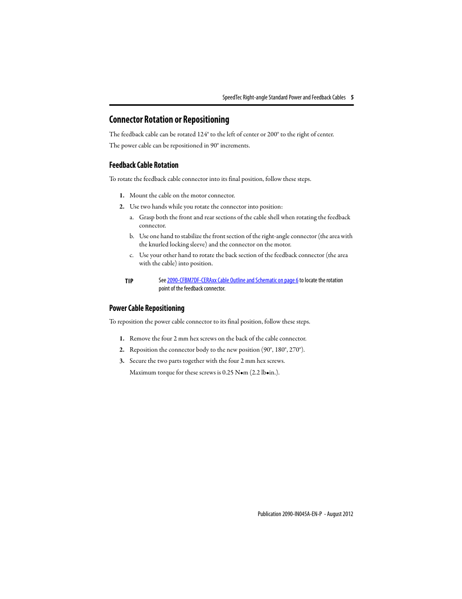 Connector rotation or repositioning, Feedback cable rotation, Power cable repositioning | Rockwell Automation 2090-CPBM7DF-16RAxx SpeedTec Right-angle Standard Power and Feedback Cables User Manual | Page 5 / 8