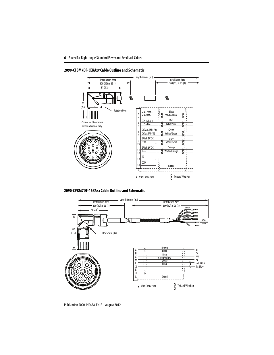 2090-cfbm7df-ceraxx cable outline and schematic, 2090-cpbm7df-16raxx cable outline and schematic | Rockwell Automation 2090-CPBM7DF-16RAxx SpeedTec Right-angle Standard Power and Feedback Cables User Manual | Page 6 / 8