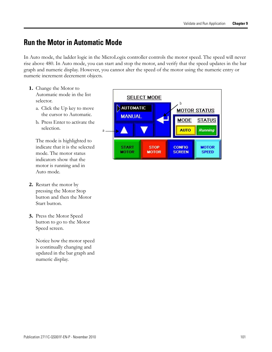 Run the motor in automatic mode, Run the motor in, Automatic mode | Rockwell Automation 2711C-xxxx PanelView Component HMI Terminals Quick Start User Manual | Page 101 / 110