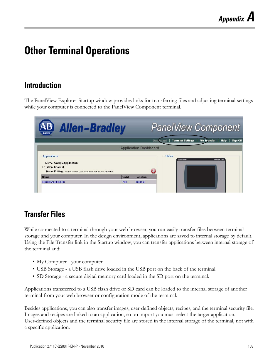 Appendix a, Other terminal operations, Introduction | Transfer files, Introduction transfer files | Rockwell Automation 2711C-xxxx PanelView Component HMI Terminals Quick Start User Manual | Page 103 / 110