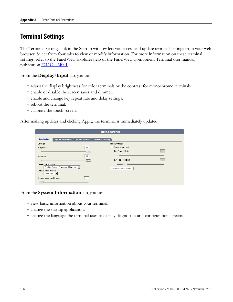 Terminal settings | Rockwell Automation 2711C-xxxx PanelView Component HMI Terminals Quick Start User Manual | Page 106 / 110