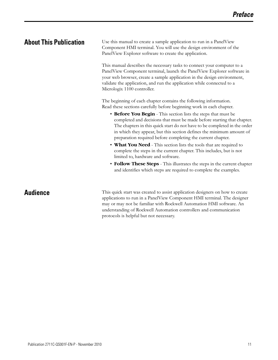Preface, About this publication, Audience | About this publication audience, Preface about this publication | Rockwell Automation 2711C-xxxx PanelView Component HMI Terminals Quick Start User Manual | Page 11 / 110