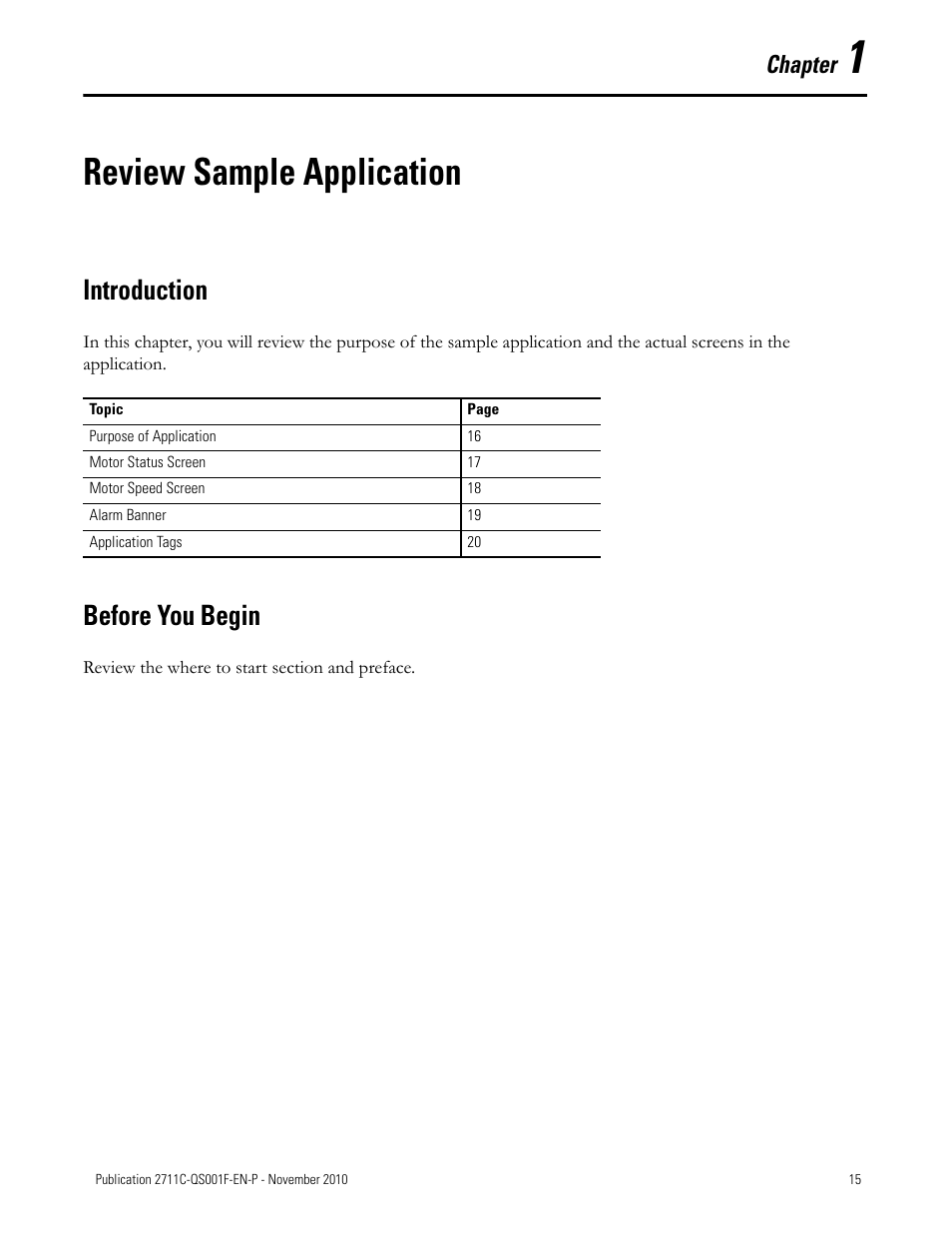 Chapter 1, Review sample application, Introduction | Before you begin, Introduction before you begin, Chapter | Rockwell Automation 2711C-xxxx PanelView Component HMI Terminals Quick Start User Manual | Page 15 / 110