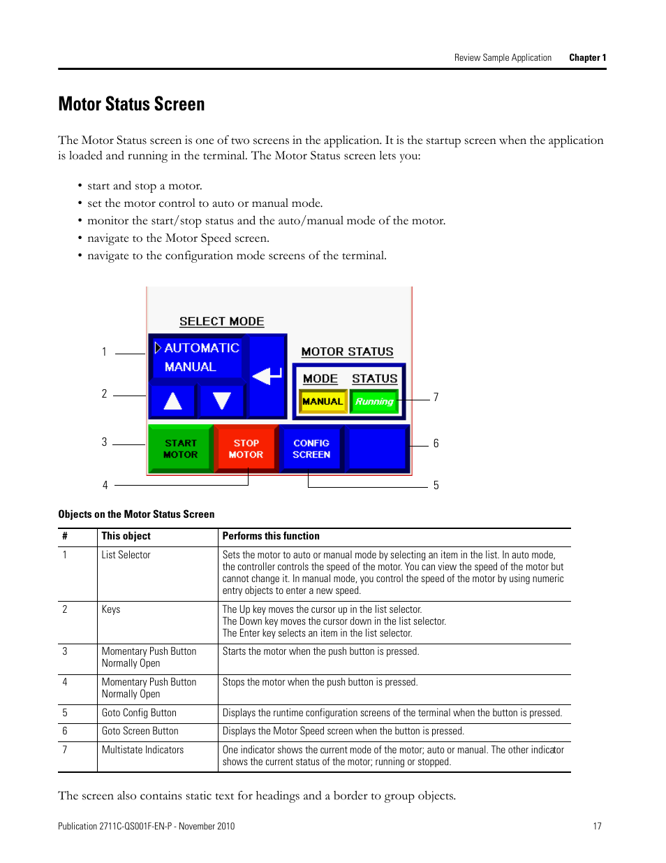 Motor status screen, Motor status, Screen | Rockwell Automation 2711C-xxxx PanelView Component HMI Terminals Quick Start User Manual | Page 17 / 110