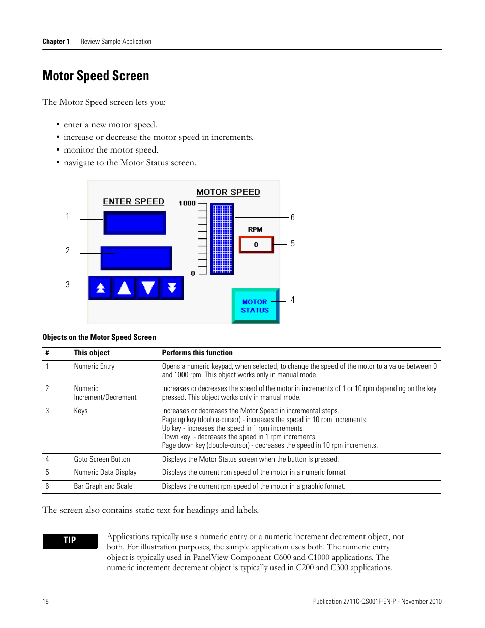 Motor speed screen, Motor speed, Screen | Rockwell Automation 2711C-xxxx PanelView Component HMI Terminals Quick Start User Manual | Page 18 / 110