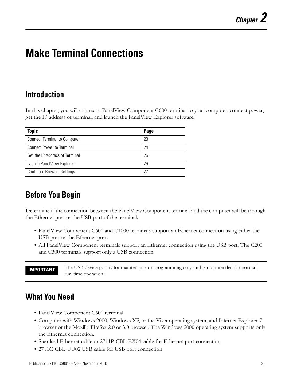 Chapter 2, Make terminal connections, Introduction | Before you begin, What you need, Introduction before you begin what you need, Chapter | Rockwell Automation 2711C-xxxx PanelView Component HMI Terminals Quick Start User Manual | Page 21 / 110