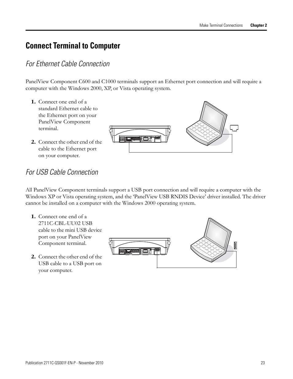 Connect terminal to computer, Connect, Terminal to | Computer, For ethernet cable connection, For usb cable connection | Rockwell Automation 2711C-xxxx PanelView Component HMI Terminals Quick Start User Manual | Page 23 / 110