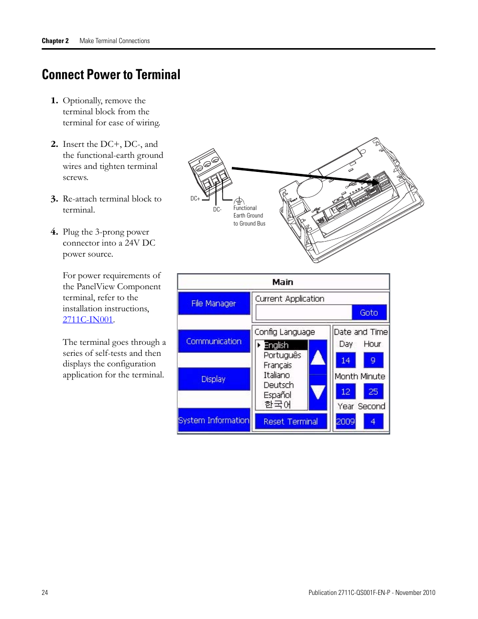 Connect power to terminal, Connect power, To terminal | Rockwell Automation 2711C-xxxx PanelView Component HMI Terminals Quick Start User Manual | Page 24 / 110