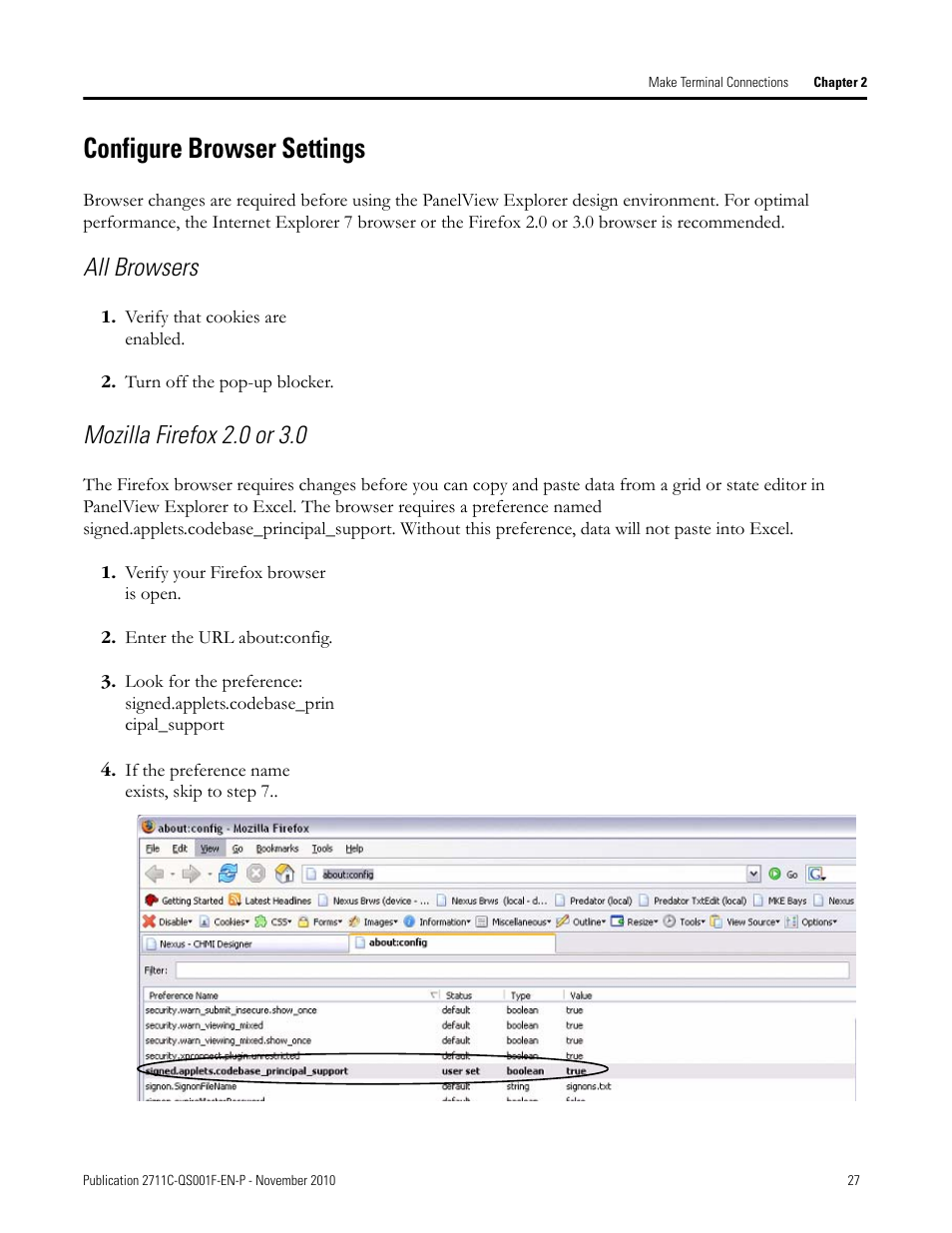 Configure browser settings, Configure, Browser settings | All browsers, Mozilla firefox 2.0 or 3.0 | Rockwell Automation 2711C-xxxx PanelView Component HMI Terminals Quick Start User Manual | Page 27 / 110