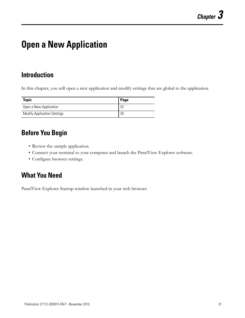 Chapter 3, Open a new application, Introduction | Before you begin, What you need, Introduction before you begin what you need | Rockwell Automation 2711C-xxxx PanelView Component HMI Terminals Quick Start User Manual | Page 31 / 110