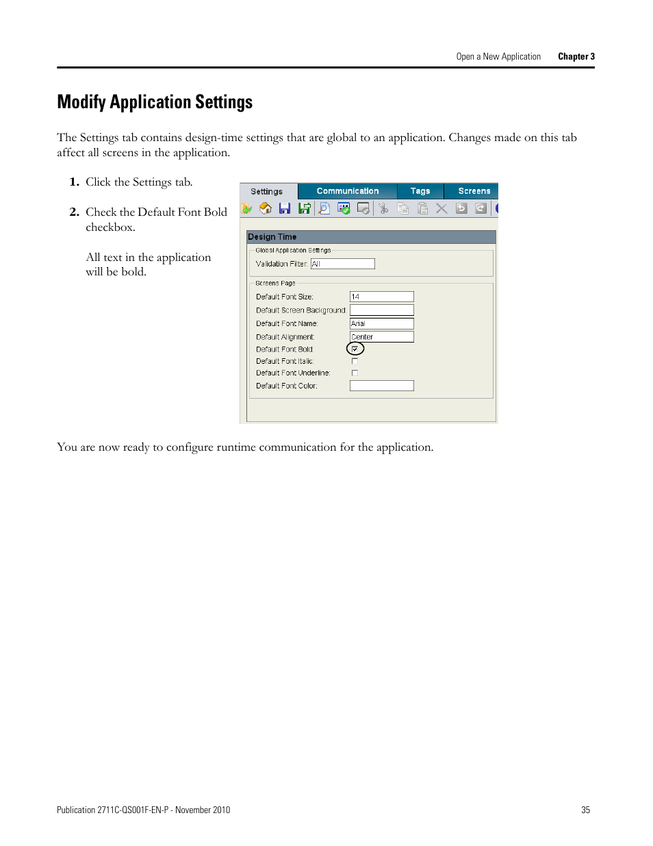 Modify application settings, Modify, Application | Settings | Rockwell Automation 2711C-xxxx PanelView Component HMI Terminals Quick Start User Manual | Page 35 / 110