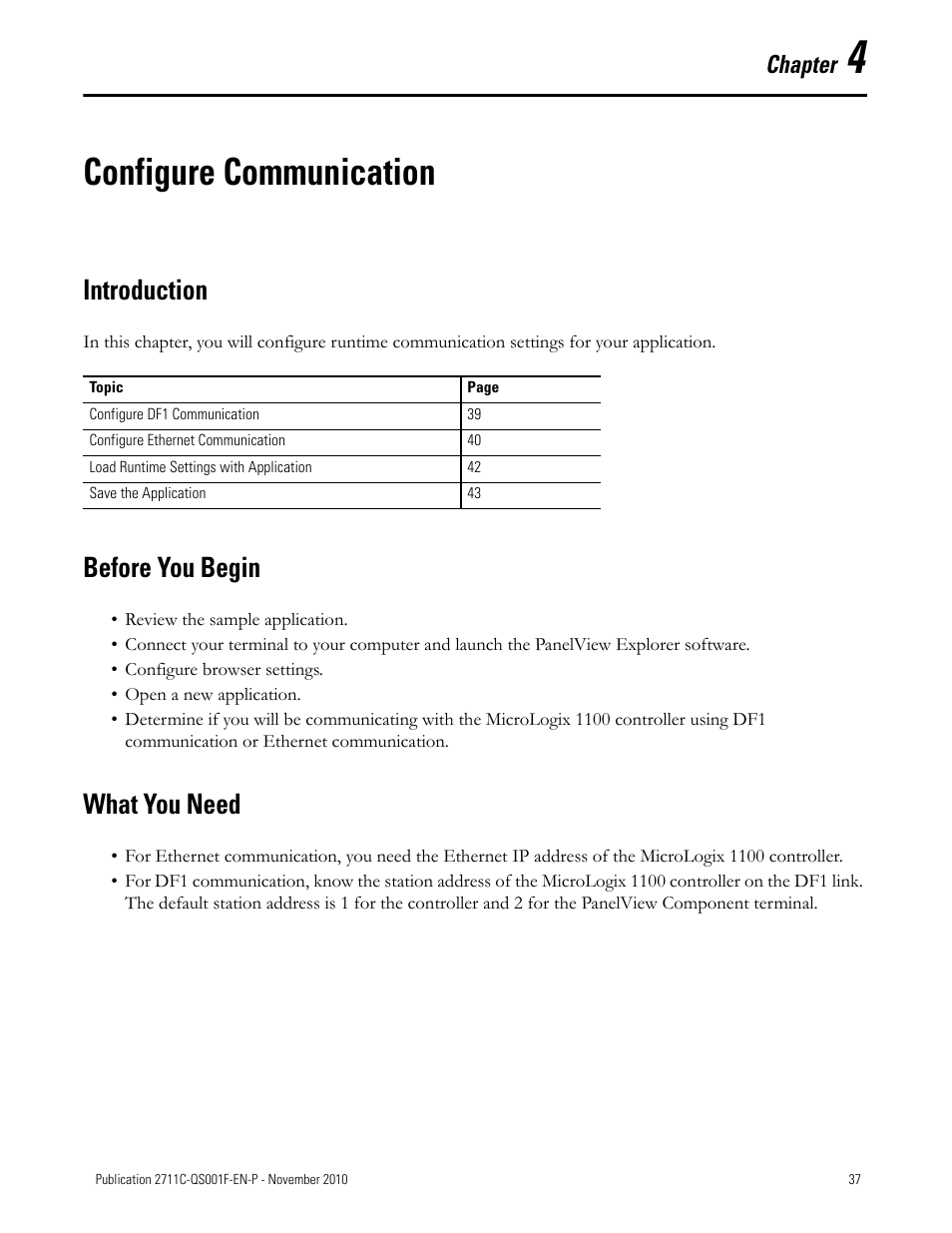 Chapter 4, Configure communication, Introduction | Before you begin, What you need, Introduction before you begin what you need, Chapter | Rockwell Automation 2711C-xxxx PanelView Component HMI Terminals Quick Start User Manual | Page 37 / 110