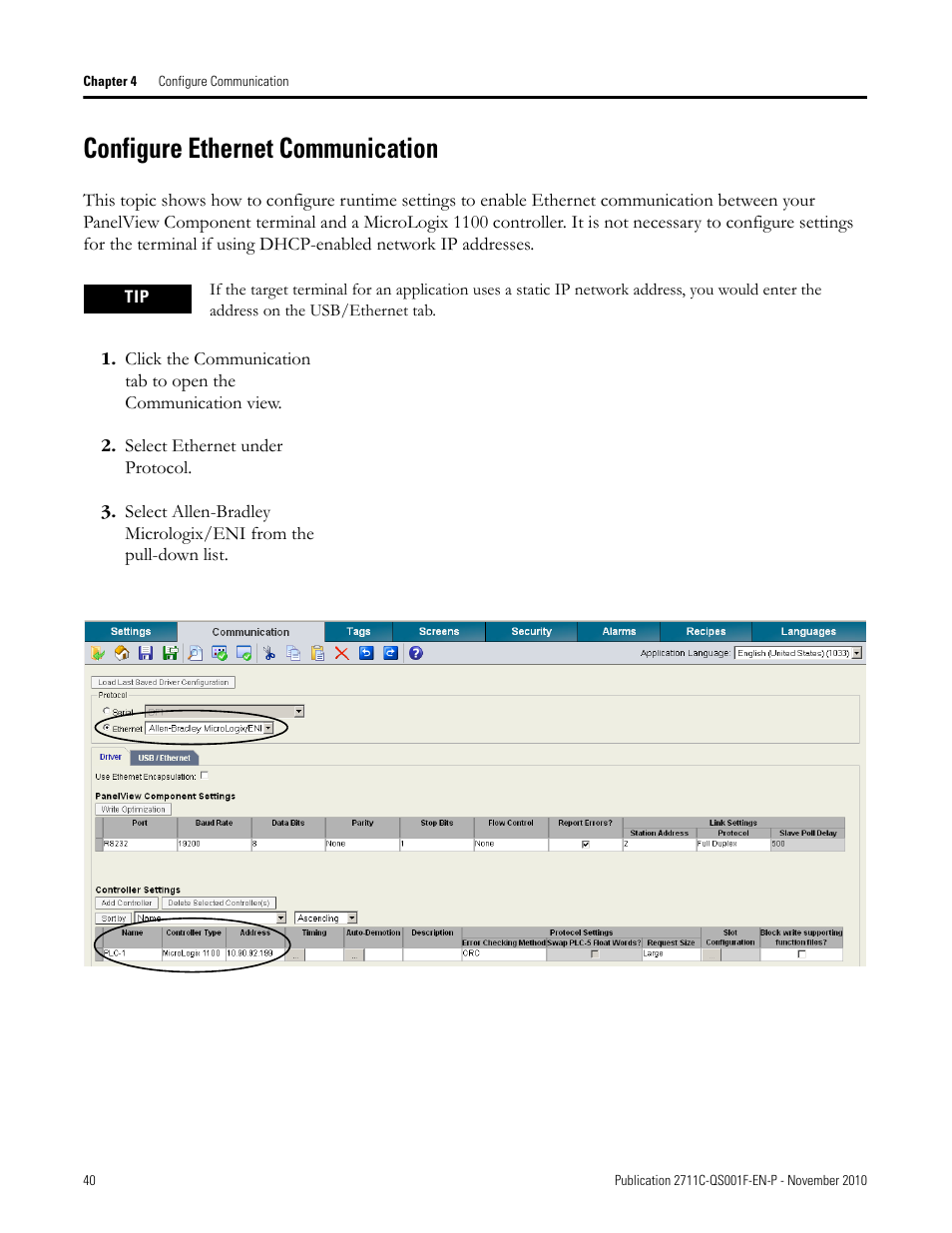 Configure ethernet communication, Configure, Ethernet | Communication | Rockwell Automation 2711C-xxxx PanelView Component HMI Terminals Quick Start User Manual | Page 40 / 110