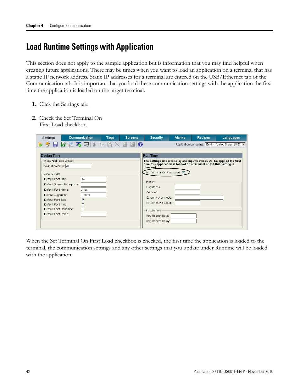 Load runtime settings with application, Load runtime, Settings with | Application | Rockwell Automation 2711C-xxxx PanelView Component HMI Terminals Quick Start User Manual | Page 42 / 110
