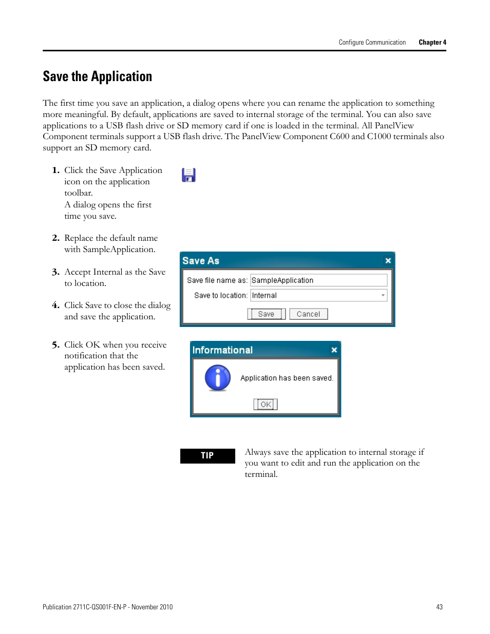 Save the application, Save the, Application | Rockwell Automation 2711C-xxxx PanelView Component HMI Terminals Quick Start User Manual | Page 43 / 110