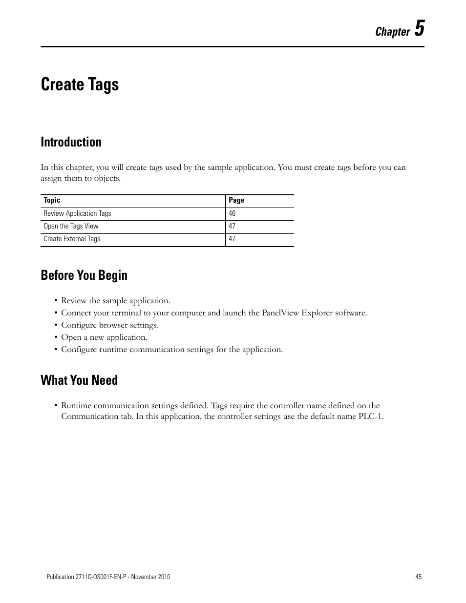 Chapter 5, Create tags, Introduction | Before you begin, What you need, Introduction before you begin what you need, Chapter | Rockwell Automation 2711C-xxxx PanelView Component HMI Terminals Quick Start User Manual | Page 45 / 110