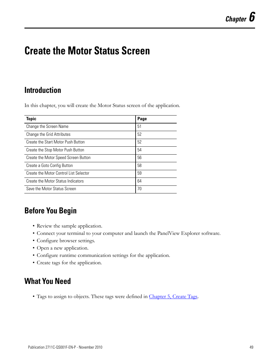 Chapter 6, Create the motor status screen, Introduction | Before you begin, What you need, Introduction before you begin what you need, Chapter | Rockwell Automation 2711C-xxxx PanelView Component HMI Terminals Quick Start User Manual | Page 49 / 110