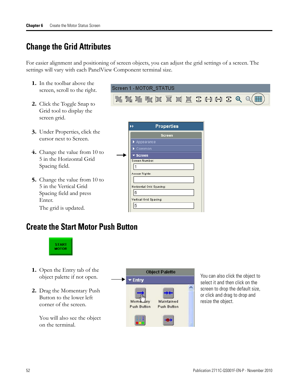 Change the grid attributes, Create the start motor push button, Change the | Grid attributes, Create the start, Motor push, Button | Rockwell Automation 2711C-xxxx PanelView Component HMI Terminals Quick Start User Manual | Page 52 / 110