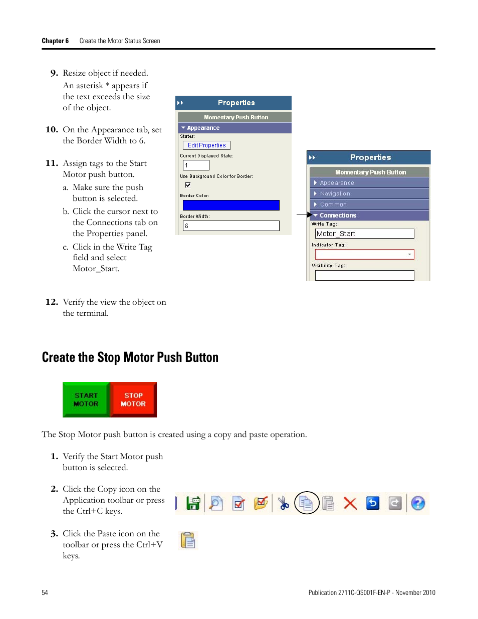 Create the stop motor push button, Create the, Stop motor | Push button | Rockwell Automation 2711C-xxxx PanelView Component HMI Terminals Quick Start User Manual | Page 54 / 110