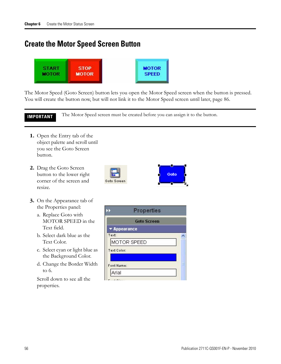 Create the motor speed screen button, Create the, Motor speed | Screen button | Rockwell Automation 2711C-xxxx PanelView Component HMI Terminals Quick Start User Manual | Page 56 / 110
