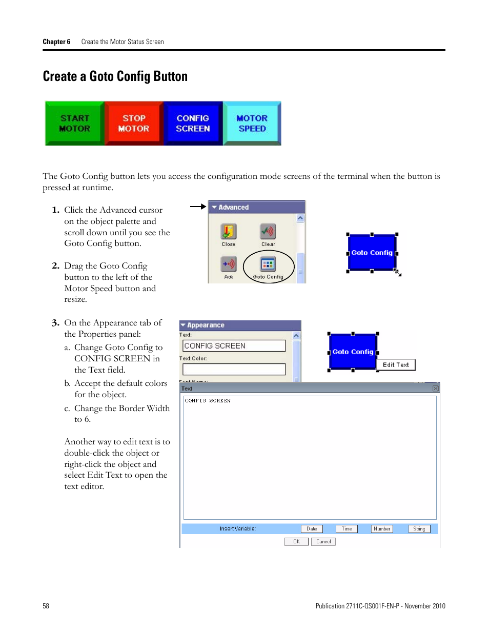 Create a goto config button, Create a goto, Config button | Rockwell Automation 2711C-xxxx PanelView Component HMI Terminals Quick Start User Manual | Page 58 / 110