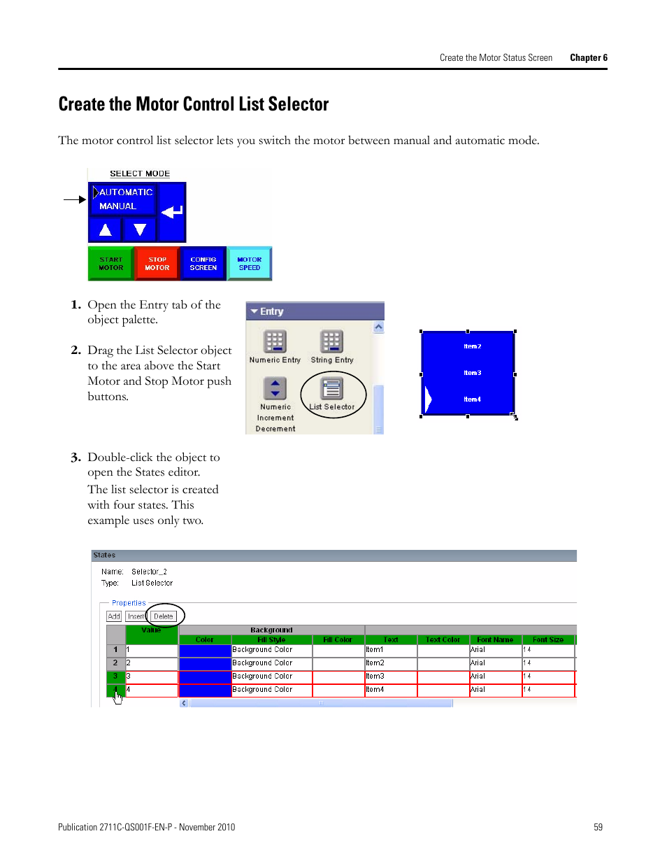 Create the motor control list selector, Create the, Motor control | List selector | Rockwell Automation 2711C-xxxx PanelView Component HMI Terminals Quick Start User Manual | Page 59 / 110