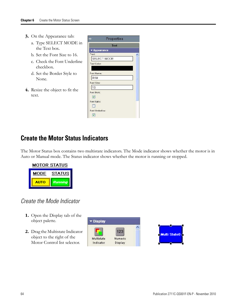 Create the motor status indicators, Create the, Motor status | Indicators, Create the mode indicator | Rockwell Automation 2711C-xxxx PanelView Component HMI Terminals Quick Start User Manual | Page 64 / 110