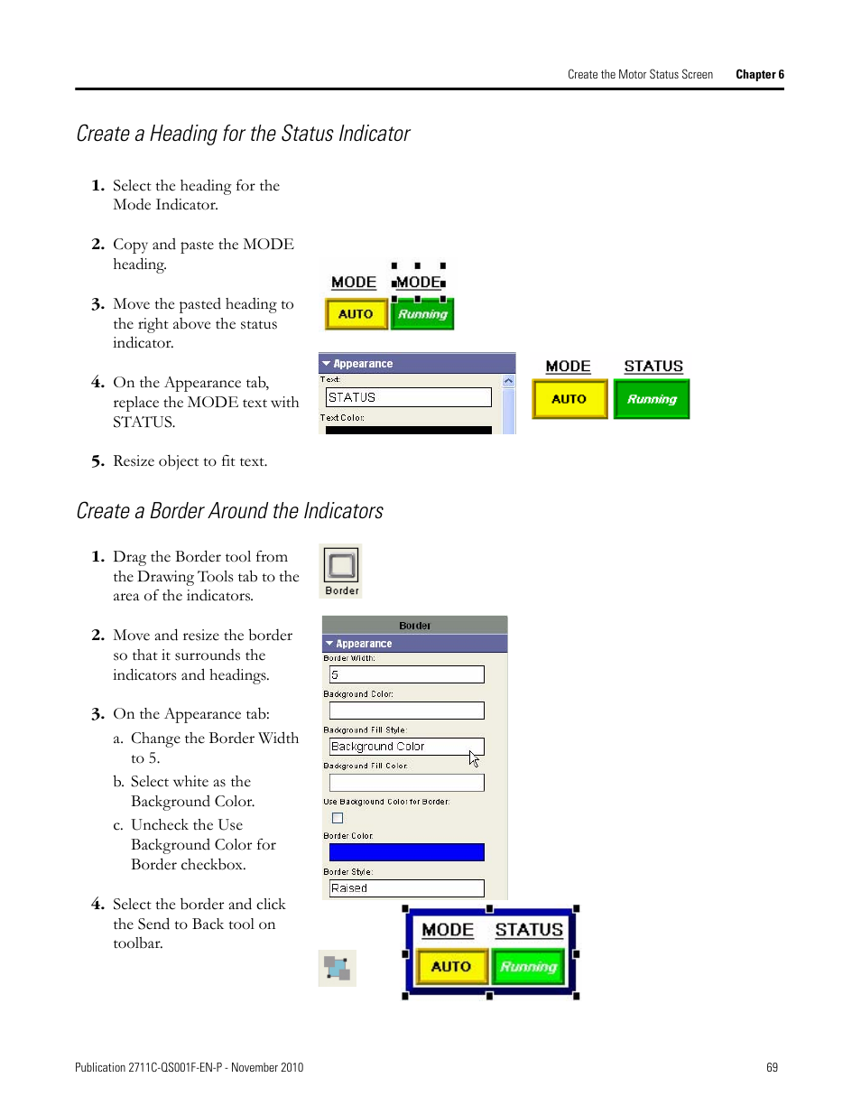 Create a heading for the status indicator, Create a border around the indicators | Rockwell Automation 2711C-xxxx PanelView Component HMI Terminals Quick Start User Manual | Page 69 / 110