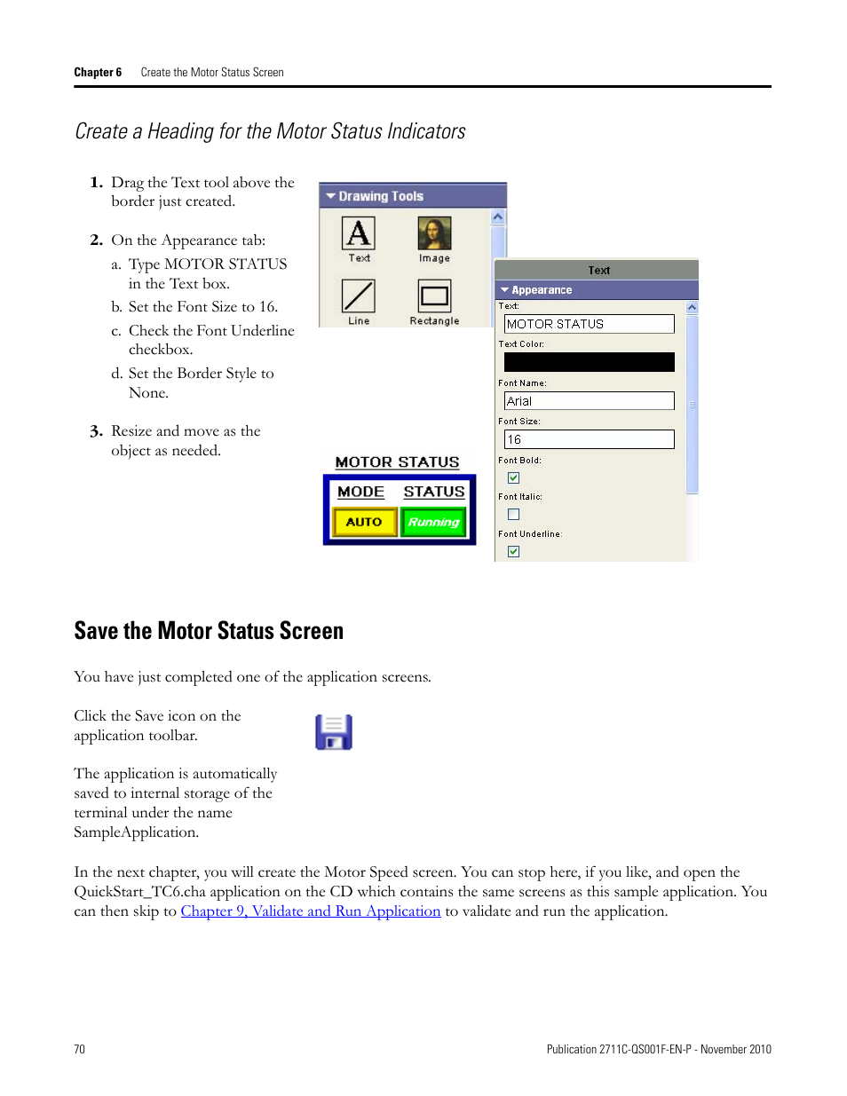 Save the motor status screen, Save the, Motor status | Screen, Create a heading for the motor status indicators | Rockwell Automation 2711C-xxxx PanelView Component HMI Terminals Quick Start User Manual | Page 70 / 110