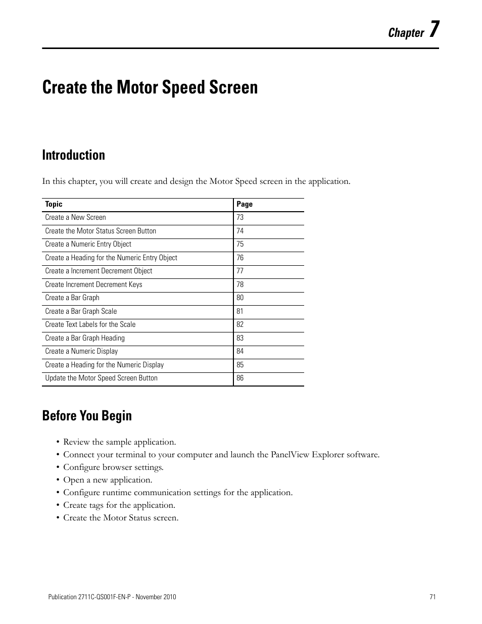 Chapter 7, Create the motor speed screen, Introduction | Before you begin, Introduction before you begin, Chapter | Rockwell Automation 2711C-xxxx PanelView Component HMI Terminals Quick Start User Manual | Page 71 / 110