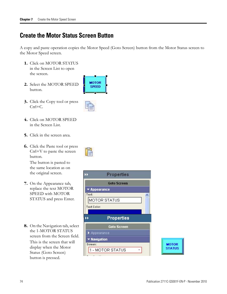 Create the motor status screen button, Create the, Motor status | Screen button | Rockwell Automation 2711C-xxxx PanelView Component HMI Terminals Quick Start User Manual | Page 74 / 110