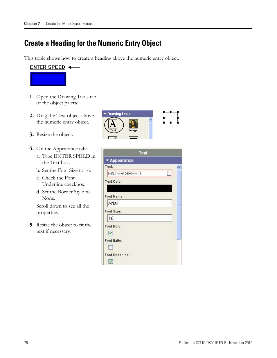 Create a heading for the numeric entry object, Create a heading, For the numeric | Entry object | Rockwell Automation 2711C-xxxx PanelView Component HMI Terminals Quick Start User Manual | Page 76 / 110