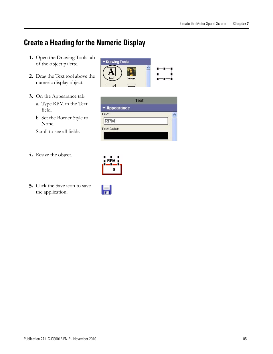 Create a heading for the numeric display, Create a heading, For the numeric | Display | Rockwell Automation 2711C-xxxx PanelView Component HMI Terminals Quick Start User Manual | Page 85 / 110