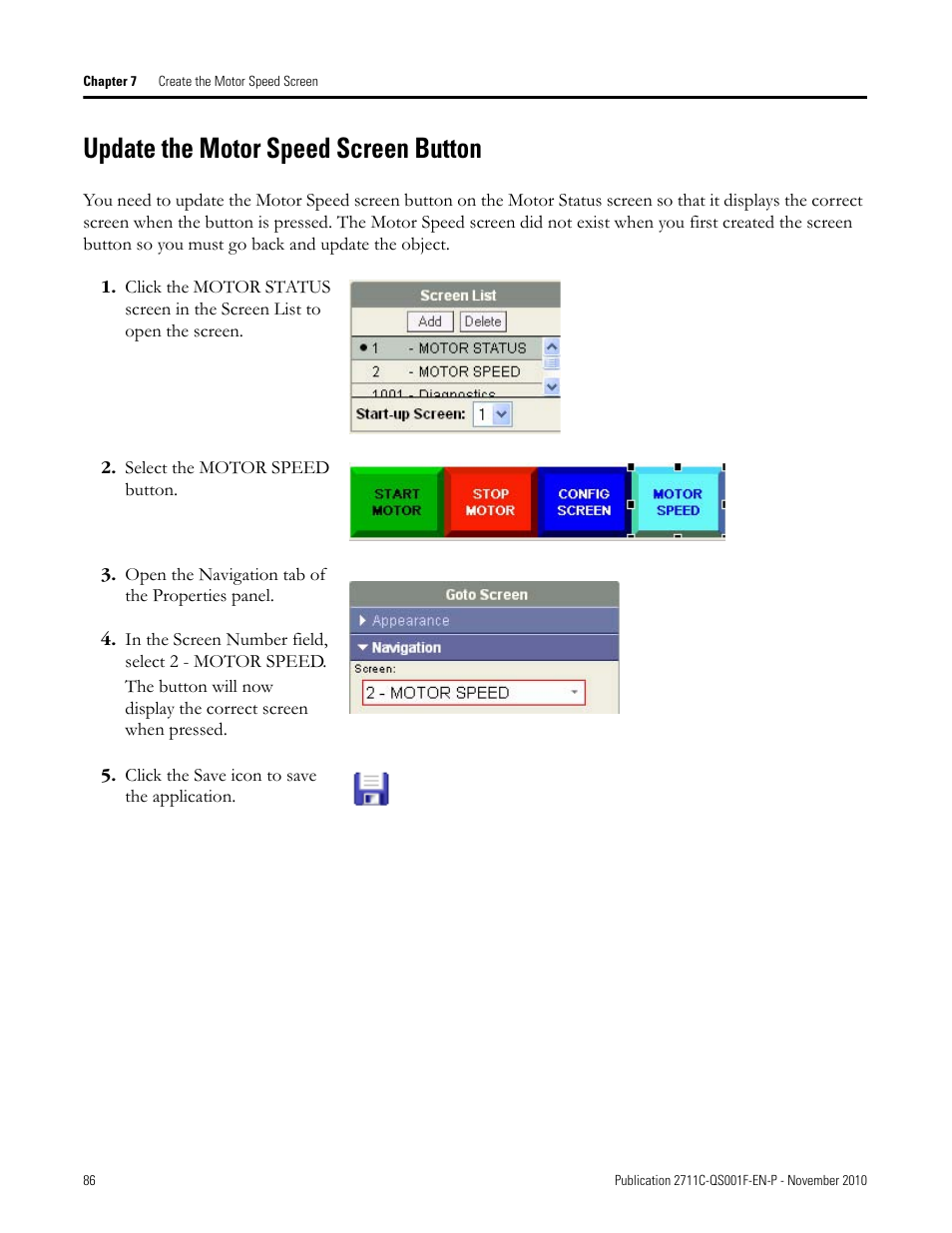 Update the motor speed screen button, Update the, Motor speed | Screen button | Rockwell Automation 2711C-xxxx PanelView Component HMI Terminals Quick Start User Manual | Page 86 / 110