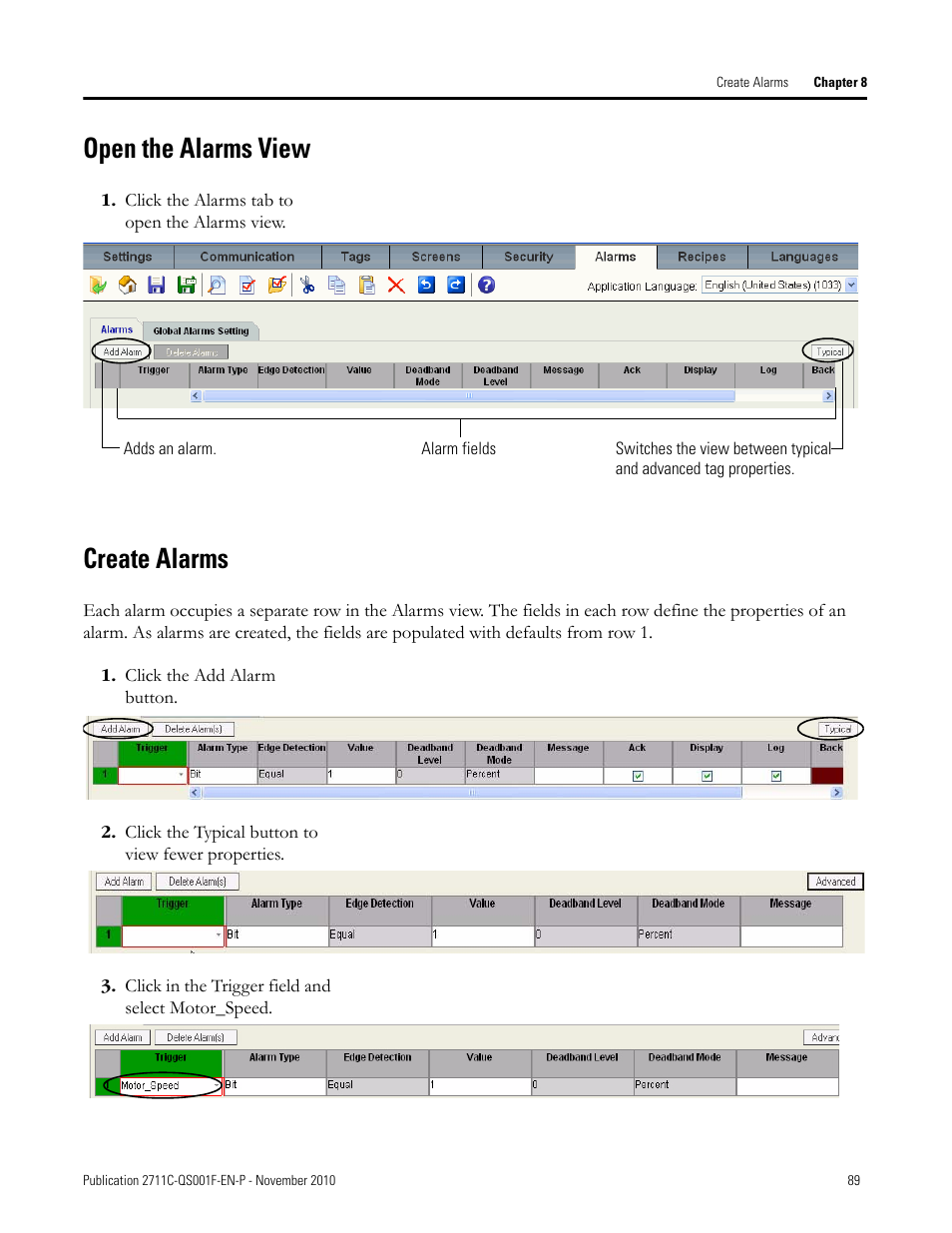 Open the alarms view, Create alarms, Open the alarms view create alarms | Open the, Alarms view | Rockwell Automation 2711C-xxxx PanelView Component HMI Terminals Quick Start User Manual | Page 89 / 110