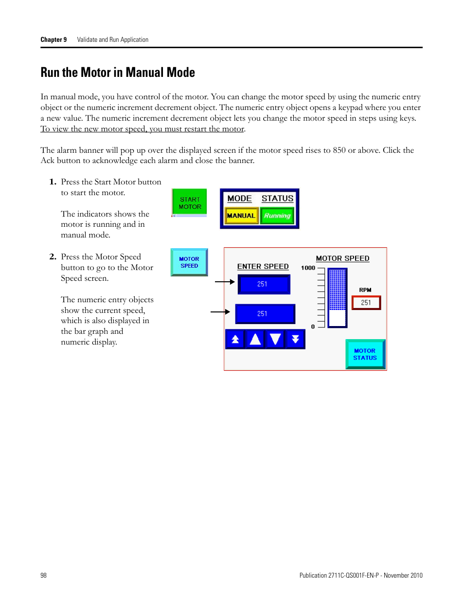 Run the motor in manual mode, Run the motor in, Manual mode | Rockwell Automation 2711C-xxxx PanelView Component HMI Terminals Quick Start User Manual | Page 98 / 110